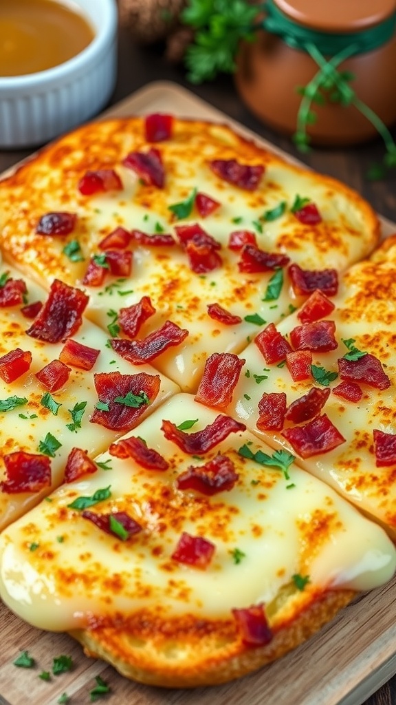 Baked three-cheese grilled cheese squares with bacon on a cutting board, garnished with parsley in a cozy kitchen.
